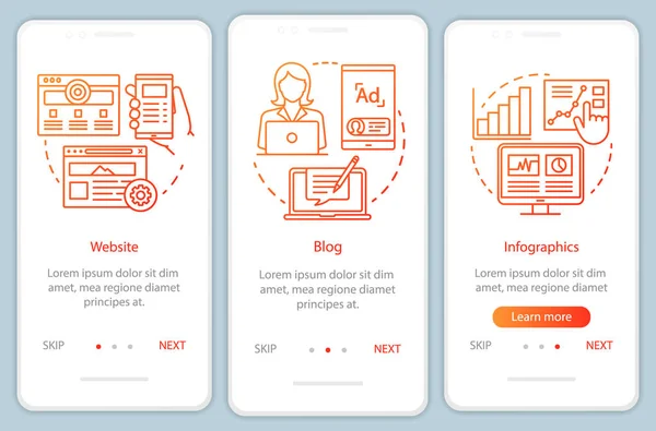 Kanalen voor SEO Orange onboarding mobiele app pagina scherm vector sjabloon. Marketing. Blog, website stapsgewijze website stappen met lineaire illustraties. UX, ui, GUI smartphone interface concept — Stockvector