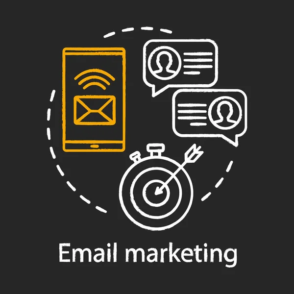 Ícone conceito giz de marketing de e-mail. Ideia tática de marketing digital. Estratégia de negócios. E-mails a enviar. Promoção de marca. Correio em massa, anúncios-alvo. Ilustração isolada de quadro-negro vetorial —  Vetores de Stock