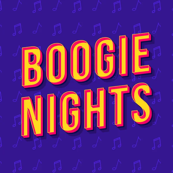Boogie gece vintage 3d vektör yazı. Retro kalın yazı tipi, yazı tipi. Pop art stilize metin. Eski tarz mektuplar. 90'lar, 80'ler afiş, afiş, t shirt tipografi tasarımı. Mor renk arka plan