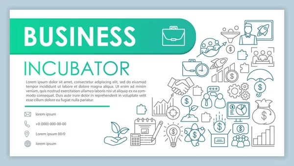 Banner de incubadora de negocios, plantilla de vector de tarjeta de visita. Gestión de proyectos. Contacto de la empresa con el teléfono, iconos de línea de correo electrónico. Servicio de lanzamiento de startups. Presentación, idea de página web. Diseño de impresión corporativa — Vector de stock