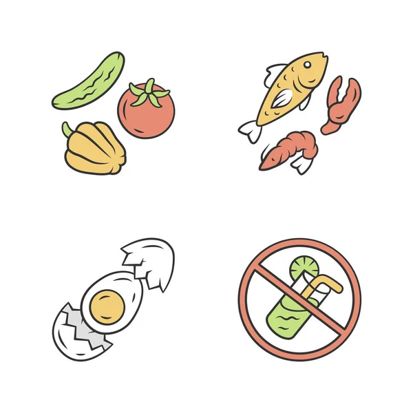 Egészséges, kiegyensúlyozott étkezési szín ikonok beállítása. Magas vitamin-és omega-3 élelmiszer. Rák és tarisznyarák karom tenger gyümölcsei. Nincs üdítőital jele. Tojás, zöldség és hal összetevők izolált vektor illusztrációk — Stock Vector