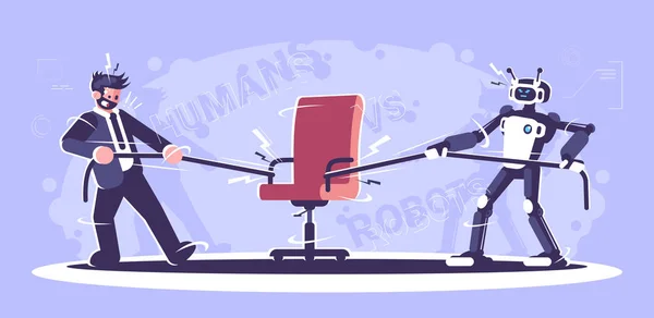 Manusia vs robot pekerja Vektor datar ilustrasi. Humanoid dan ma - Stok Vektor