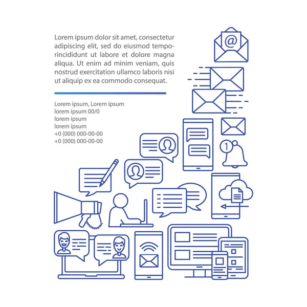 E-posta pazarlama makale sayfası vektör şablonu. Reklam, halkla ilişkiler stratejisi. Broşür, dergi, doğrusal simgeler ve metin ile kitapçık tasarım elemanı. Baskı tasarımı. Metin alanı ile kavram çizimleri