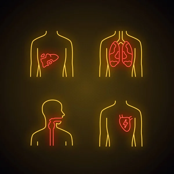 Ícones de luz de néon de órgãos humanos mal definidos. Fígado e pulmões doridos. Ac. — Vetor de Stock