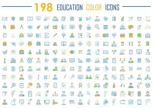 Iconos de color de la educación gran conjunto. Escuela, universidad, aprendizaje en el hogar, autoestudio, educación empresarial. Programa educativo, graduación de estudiantes. E learning, cursos en línea. Ilustraciones vectoriales aisladas — Archivo Imágenes Vectoriales