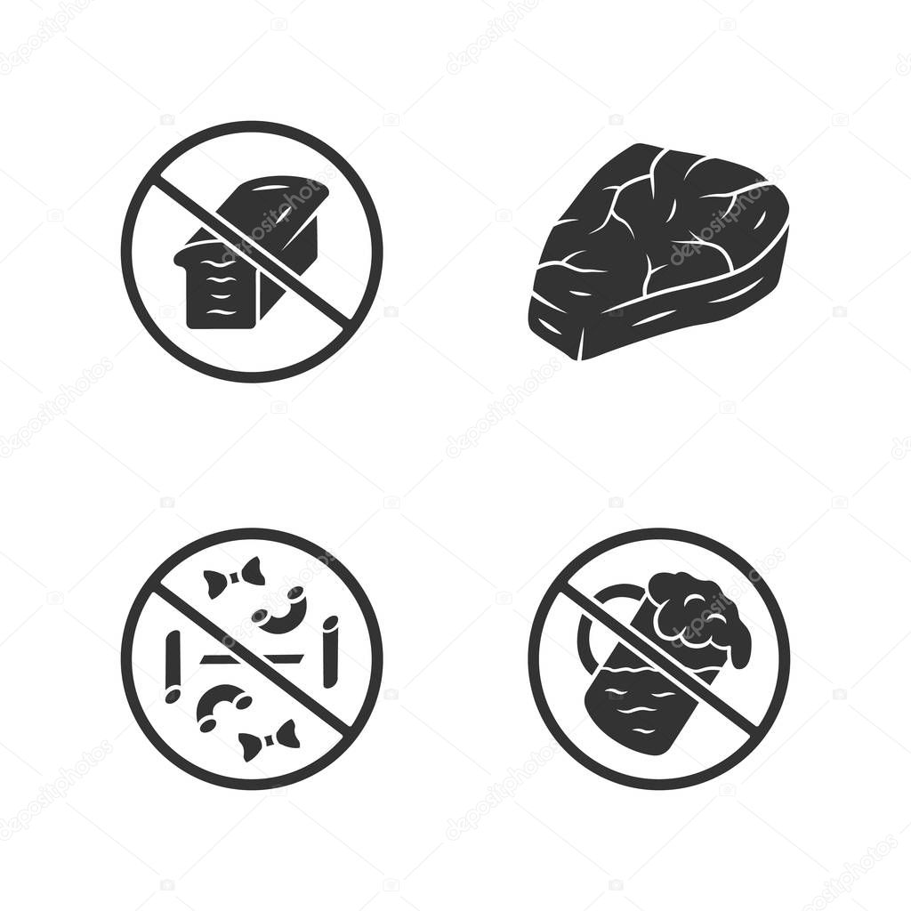No gluten diet glyph icons set. Zero carbs, carnivore eating. Alcohol free drink. Pastry products refuse signs. Silhouette symbols. Macaroni, bread loaf, meat steak vector isolated illustration