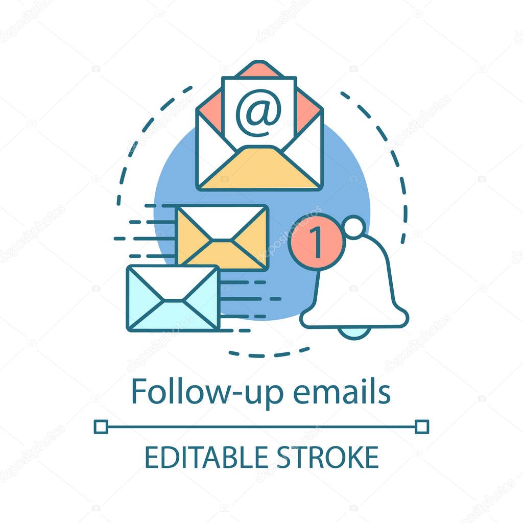 Follow-up emails concept icon. Attracting clients idea thin line illustration. Email marketing. Mass mailing.  Product ads. Post-purchase emails. Vector isolated outline drawing. Editable stroke