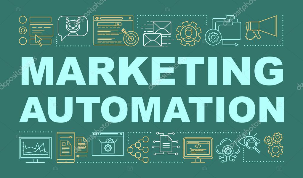Marketing automation word concepts banner. Digital marketing tactic. Software platform. Presentation, website. Isolated lettering typography idea with linear icons. Vector outline illustration