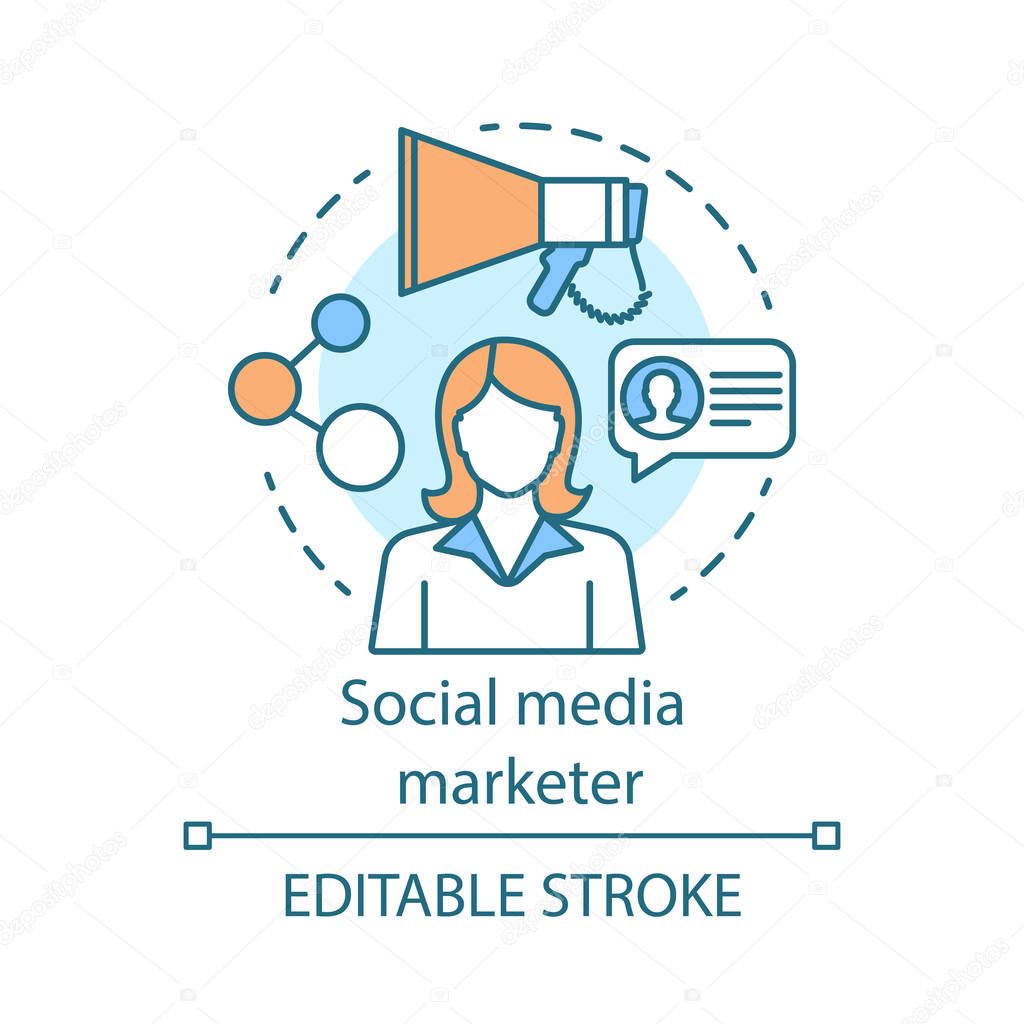 Social media marketer concept icon. Digital marketing specialty idea thin line illustration. Content creating and sharing. Media network, blogger. Vector isolated outline drawing. Editable stroke