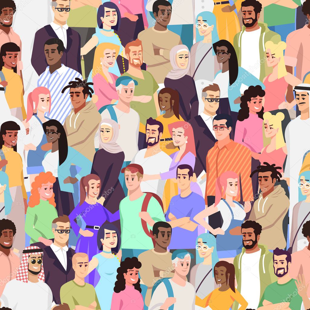 Multicultural diversity vector seamless pattern. Multiethnic community members. Different nations representatives in crowd. Caucasian, arabian, african cheerful young people. Wallpaper design   