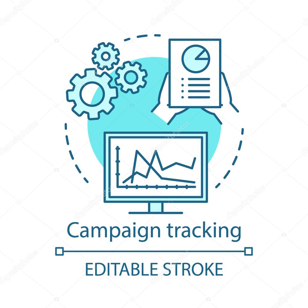 Campaign tracking blue concept icon. Marketing automation idea thin line illustration. Digital marketing. Website analytics, network, ads campaign. Vector isolated outline drawing. Editable stroke