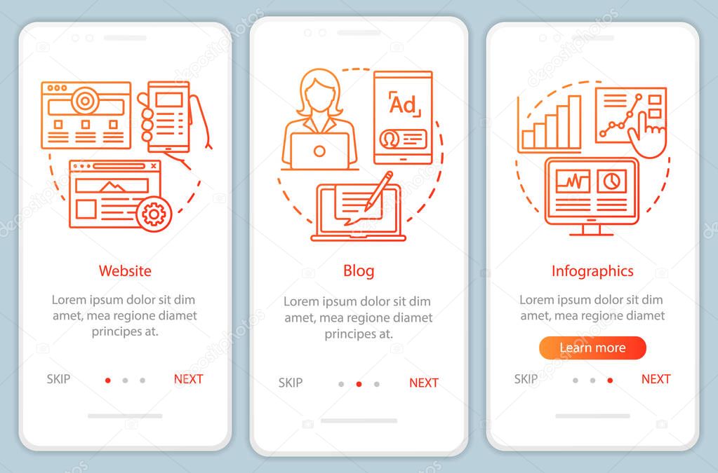 Channels for SEO orange onboarding mobile app page screen vector template. Marketing. Blog, website walkthrough website steps with linear illustrations. UX, UI, GUI smartphone interface concept