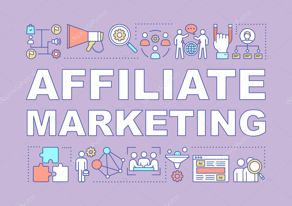 Affiliate marketing word concepts banner. Digital marketing tactic. Online sales strategy. Presentation, website. Isolated lettering typography idea with linear icons. Vector outline illustration