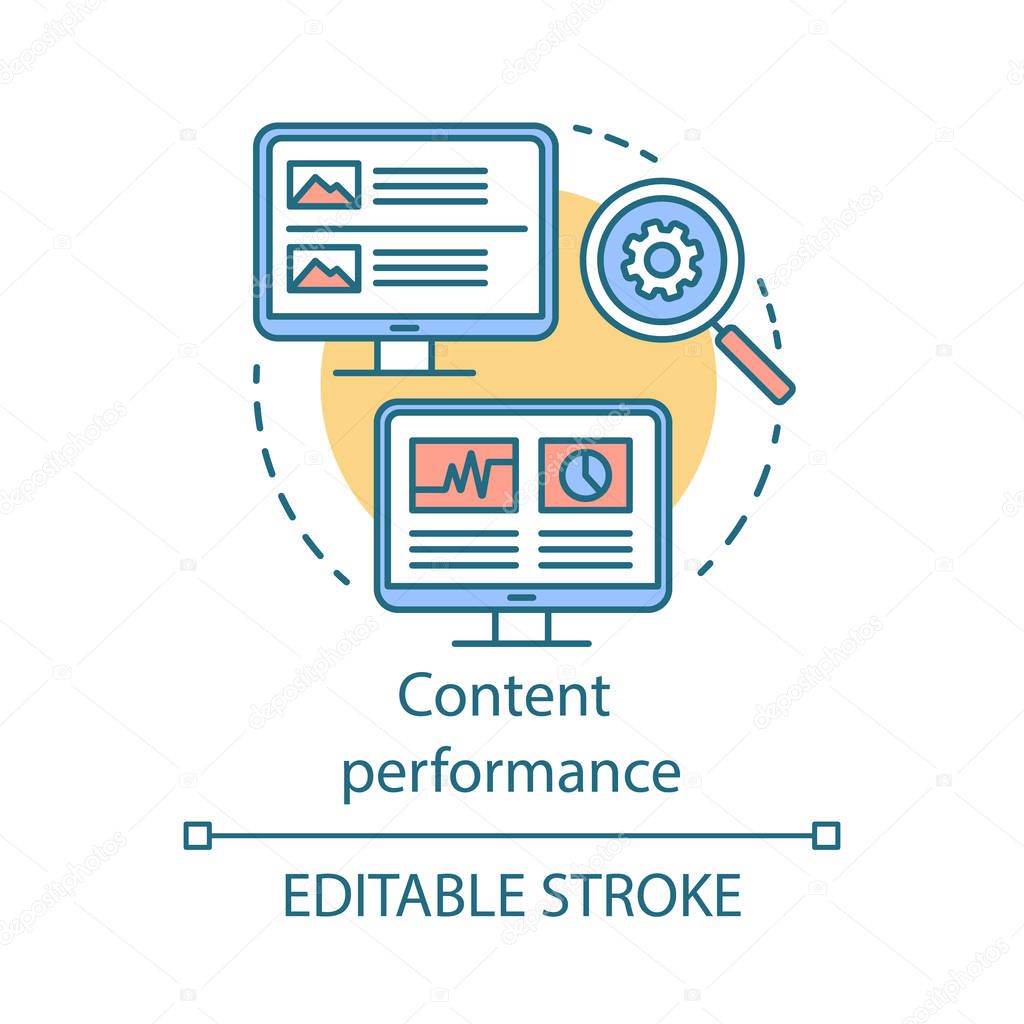 Content performance concept icon. Digital marketing benefit idea thin line illustration. Content relevance optimization, brand promotion. SMM metrics. Vector isolated outline drawing. Editable stroke