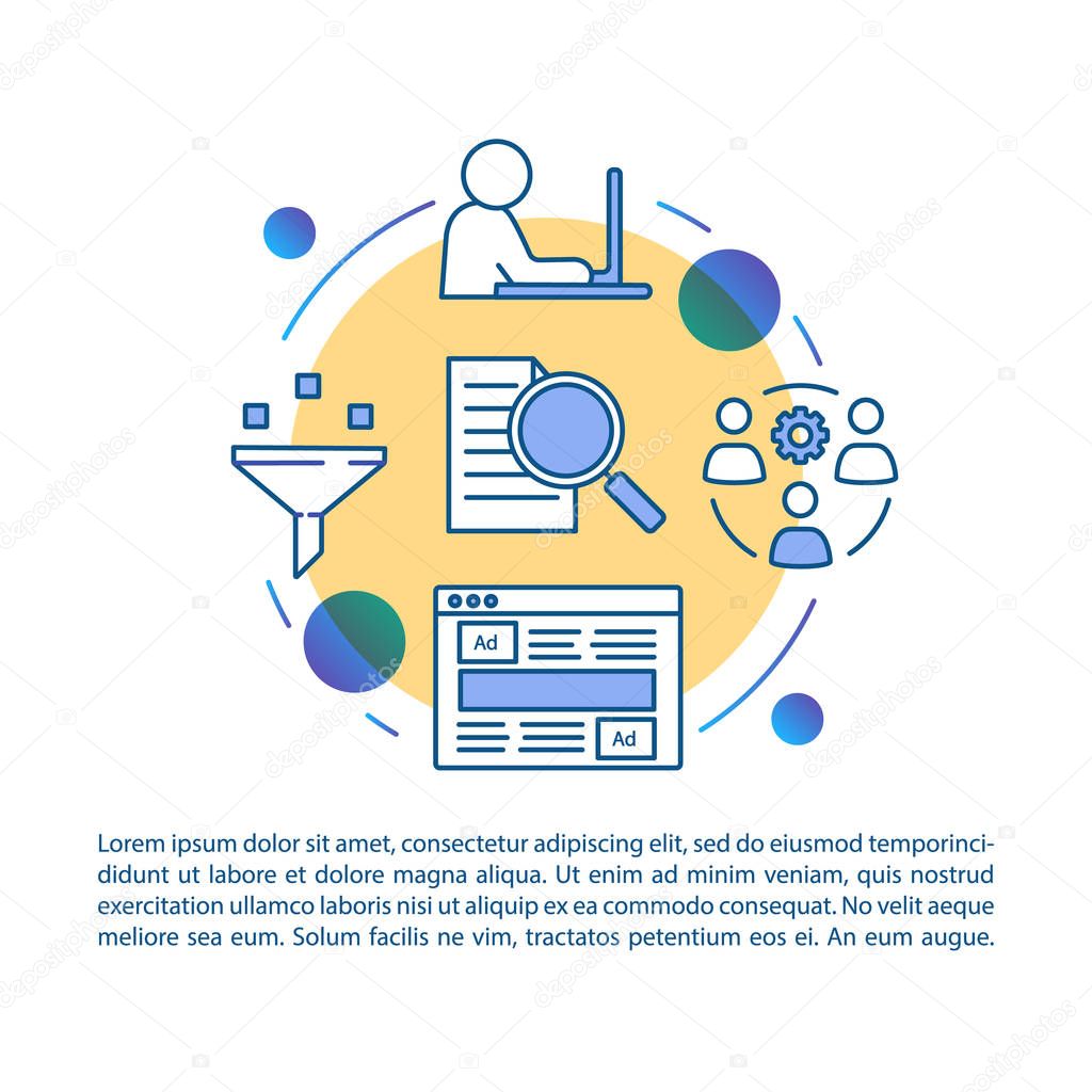 Lead generation specialist article page vector template. Digital marketing. Brochure, booklet design element with linear icons and text boxes. Print design. Concept illustrations with text space