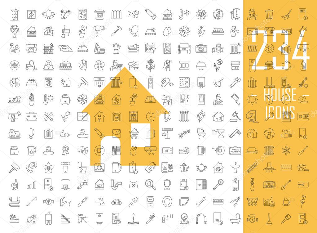 House linear icons big set. Thin line contour symbols. Cleaning service, housework. Real estate, property. Home appliances and furniture. Isolated vector outline illustrations. Editable stroke