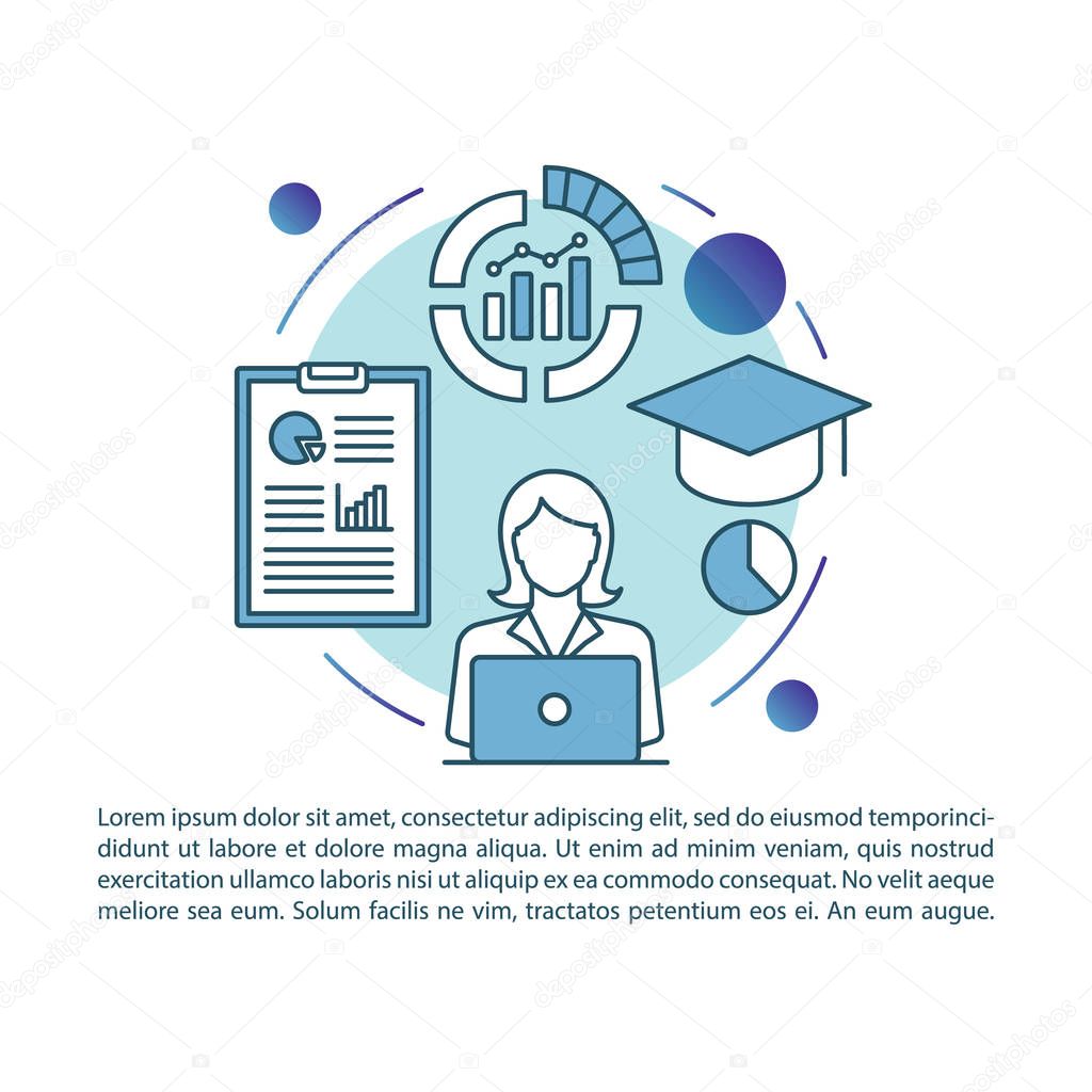 Statistics research article page vector template. Metrics, analytics. Brochure, magazine, booklet design element with linear icons and text boxes. Print design. Concept illustrations with text space