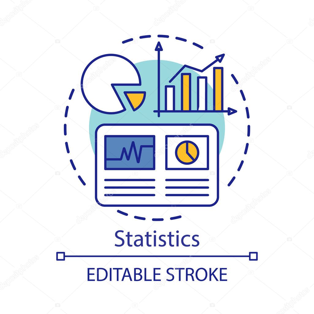 Statistics study, scientific research concept icon. Pie chart, rising graphs idea thin line illustration. Analytics, metrics tools, data visualization, infographics. Vector isolated outline drawing. Editable stroke