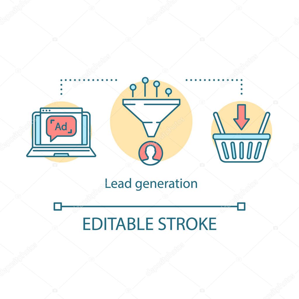 Lead generation concept icon. Digital marketing benefit idea thin line illustration. Sales leads, advertising, list building. Vector isolated outline drawing. Editable stroke