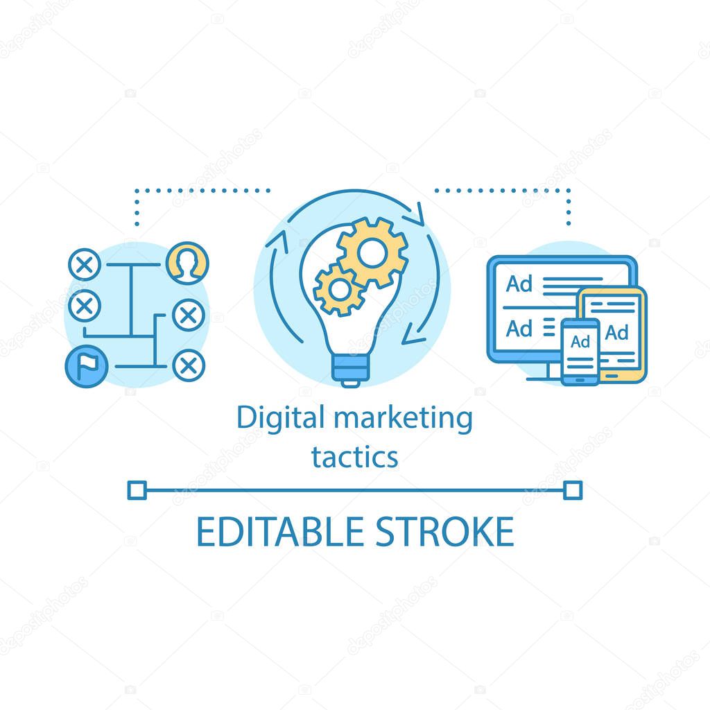 Digital marketing tactics concept icon. Online advertising strategy idea thin line illustration. Product promotion. Digital technologies. Vector isolated outline drawing. Editable stroke
