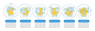 Atıf modelleme türleri vektör infografik şablonu. İş sunumu tasarım öğeleri. Altı adım ve seçenekli veri görselleştirme. İşlem zaman çizelgesi grafiği. Doğrusal simgelerle iş akışı düzeni