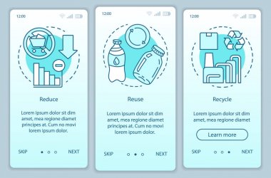 Atık yönetimi mobil uygulama sayfası ekran vektör şablonu onboarding. Sıfır atık, azaltmak, yeniden, doğrusal çizimler ile web sitesi adımları geri dönüşüm. Ux, Ui, Gui akıllı telefon arayüz konsepti