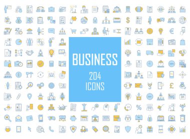 İş endüstrisi geliştirme renk simgeleri büyük set. Finansman ve bütçe, para planlaması. İş analitiği, istatistikler. Teslimat, lojistik ve dağıtım. Yalıtılmış vektör çizimleri