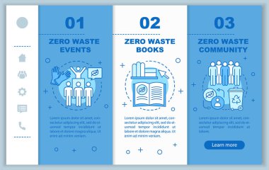 Sıfır atık eğitim mobil web sayfaları vektör şablonu yatılı. Doğrusal çizimler ile duyarlı akıllı telefon web sitesi arayüz fikri. Web sayfası walkthrough adım ekranlar. Renk kavramı 