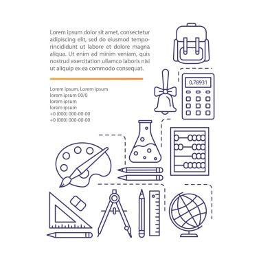 Okul malzemeleri makale sayfası vektör şablonu. Kırtasiye malzemeleri ve ekipmanları. Doğrusal simgeler ve metin kutuları ile broşür, dergi, kitapçık tasarım elemanı. Baskı tasarımı. Metin alanı ile kavram çizimleri