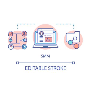Smm kavram simgesi. Sosyal medya pazarlama fikri ince çizgi illüstrasyon. Dijital pazarlama taktiği. Ürün tanıtımı, reklam. Vektör yalıtılmış anahat çizimi. Kullanılabilir kontur