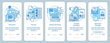 Ppc kanalları mavi onboarding mobil uygulama sayfası ekran vektör şablonu. Medya pazarlama, doğrusal çizimler ile web sitesi adımları ile reklam ağları walkthrough. Ux, Ui, Gui akıllı telefon arayüz konsepti