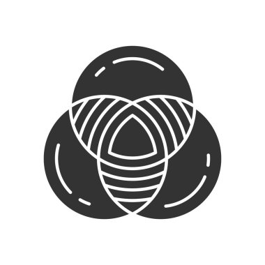 Venn diyagramı glyph simgesi. Birincil diyagram. Üç çakışan kapalı daire. İlişkilerin sembolik temsili. Matematik, mantık. Siluet sembolü. Negatif boşluk. Vektör izole illüstrasyon