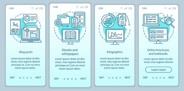 Farkındalık içeriği turkuaz gradyan onboarding mobil uygulama sayfası ekran vektör şablonu. Doğrusal çizimler ile blog gönderileri web sitesi adımları walkthrough. Ux, Ui, Gui akıllı telefon arayüz konsepti