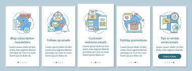Doğrusal kavramlarla mobil uygulama sayfası ekranında e-posta pazarlaması. Toplu posta. E-postalar ve bültenler adımları grafik talimatları gözden geçirin. Ux, Ui, Gui vektör şablonu çizimleri ile