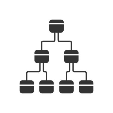 Ağaç diyagramı glyph simgesi. Hiyerarşik sistem. Düğüm bağlantı diyagramı. Süreçlerin ve ilişkilerin görsel temsili. Ağaç yapısı. Siluet sembolü. Negatif boşluk. Vektör izole illüstrasyon