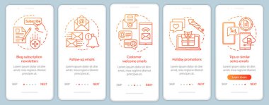 E-posta pazarlama turuncu onboarding mobil uygulama sayfası ekran vektör şablonu. İş stratejisi, doğrusal illüstrasyonlar ile promosyonlar web sitesi adımları walkthrough. Ux, Ui, Gui akıllı telefon arayüz konsepti