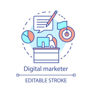 Dijital pazarlamacı kavram simgesi. Dijital pazarlama özel fikir ince çizgi illüstrasyon. Hedef reklam uzmanı. Pazar araştırma analisti. Vektör yalıtılmış anahat çizimi. Kullanılabilir kontur