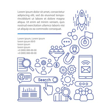 Müşteri adayı oluşturma makalesi sayfası vektör şablonu. Dijital pazarlama avantajı. Broşür, dergi, doğrusal simge ve metin kutuları ile kitapçık tasarım elemanı. Baskı tasarımı. Metin alanı ile kavram çizimleri