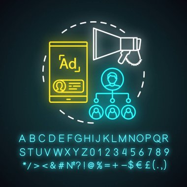 Tavsiye programı promosyon kavramı neon ışık simgesi. Smm, sosyal ağ, strateji, sosyal paylaşım. Müşteri teşviki. Parlayan alfabe, sayılar ve semboller. Vektör izole illüstrasyon