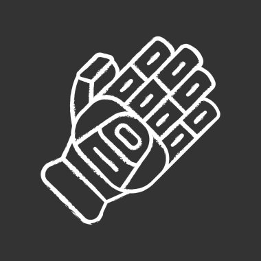 Kriket eldiveni tebeşir simgesi. Vuruş eldiveni. Vurucu için vücut koruması. Kriket üniforması. Koruyucu motosiklet donanımı. Spor ekipmanları. Atletizm aksesuarı. Yalıtılmış vektör tebeşir tahtası çizimi