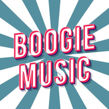 Boogie müzik vintage 3d vektör yazı. Dans partisi. Retro kalın yazı tipi, yazı tipi. Pop art stilize metin. Eski tarz mektuplar. 90'lar, 80'ler afişi, afiş. Beyaz ve teal ışınları renk arka plan