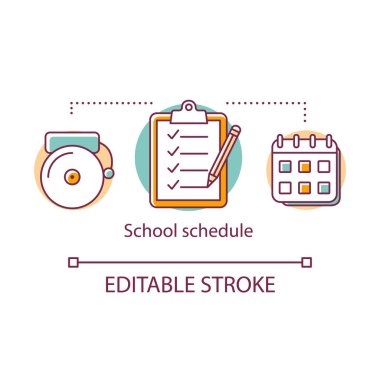 Okul programı kavram simgesi. Planlama dersleri, eğitim takvimindeki dersler. Müfredat, zaman çizelgesi, alarm zili ince çizgi illüstrasyon. Vektör yalıtılmış anahat çizimi. Kullanılabilir kontur
