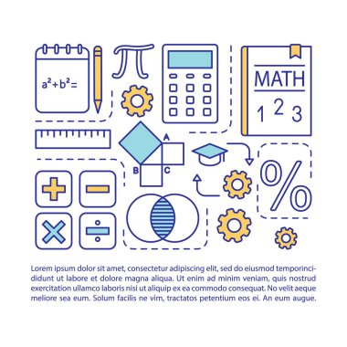 Temel matematik dersleri makale sayfa vektör şablonu. Matematik, cebir. Doğrusal simgeler ve metin kutuları ile broşür, dergi, kitapçık tasarım elemanı. Baskı tasarımı. Metin alanı ile kavram çizimleri 