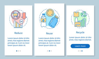 Atık yönetimi doğrusal kavramlar ile mobil uygulama sayfası ekranında. Sıfır atık yaşam, azaltmak, yeniden, geri dönüşüm adımları grafik talimatları. Ux, Ui, Gui vektör şablonu çizimleri ile