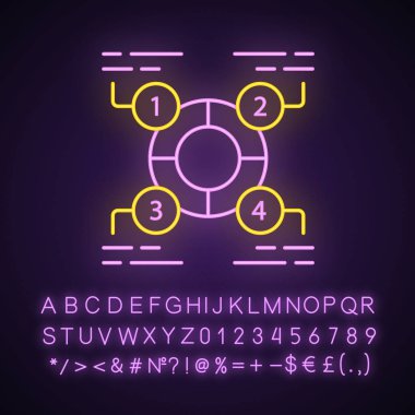 Açıklayıcı diyagram neon ışık simgesi. İstatistik veri görselleştirme. Halka 4 sektöre ayrılmıştır. Bütünün dört parçası. Alfabe, sayılar ve semboller ile parlayan işareti. Vektör izole illüstrasyon