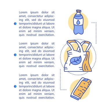Sıfır atık ürünleri makale sayfası vektör şablonu. Doğrusal simgeler ve metin kutuları ile broşür, dergi, kitapçık tasarım elemanı. Atık yönetimi. Baskı tasarımı. Metin alanı ile kavram çizimleri