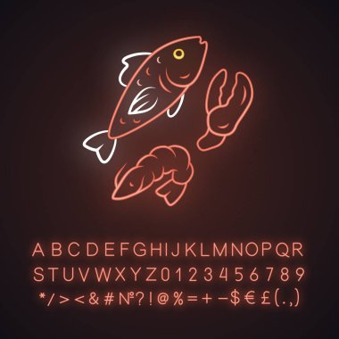 Deniz ürünleri neon ışık simgesi. Omega 3 kaynak ürünleri. Gurme yemek, sağlıklı yemekler. Alfabe, sayılar ve semboller ile parlayan işareti. Balık, karides ve ıstakoz pençe vektör izole illüstrasyon