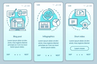 Farkındalık içeriği turkuaz gradyan onboarding mobil uygulama sayfası ekran vektör şablonu. Doğrusal çizimler ile Infographics walkthrough web sitesi adımları. Ux, Ui, Gui akıllı telefon arayüz konsepti