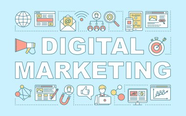 Dijital pazarlama kelime kavramları afiş. Müşteri cazibesi, kurşun honekasyonu. Sunum, web sitesi. Doğrusal simgeler ile izole harf tipografi fikri. Vektör anahat çizimi