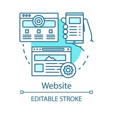 Web sitesi mavi kavram simgesi. Seo, Sem fikir ince çizgi illüstrasyon için Kanallar. Web sitesi optimizasyonu. Web sayfası. Alan adı. İnternet protokolü. Vektör yalıtılmış anahat çizimi. Kullanılabilir kontur